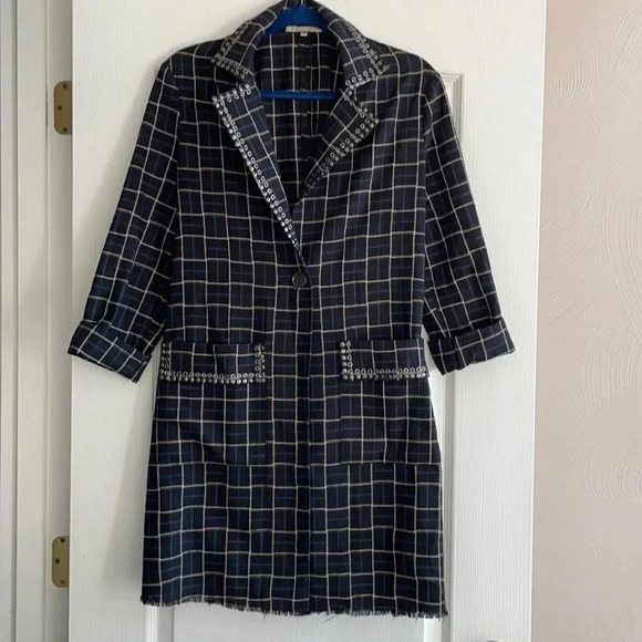 Gimmicks by BKE plaid embellished long jacket Blazer Navy Women’s size S - Picture 3 of 12